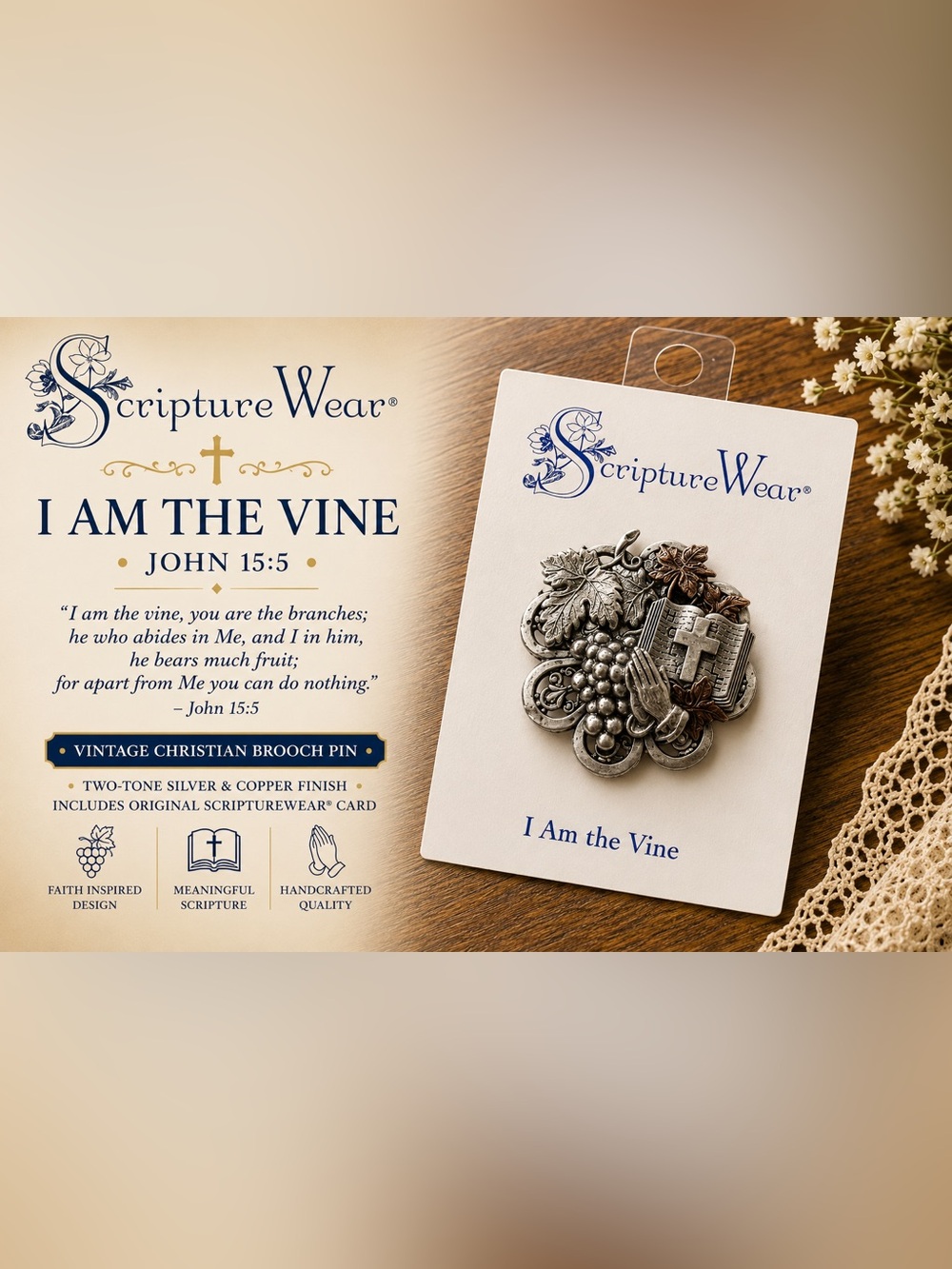 NWT ScriptureWear “I Am the Vine” Christian Brooch Pin | John 15:5 | Vintage